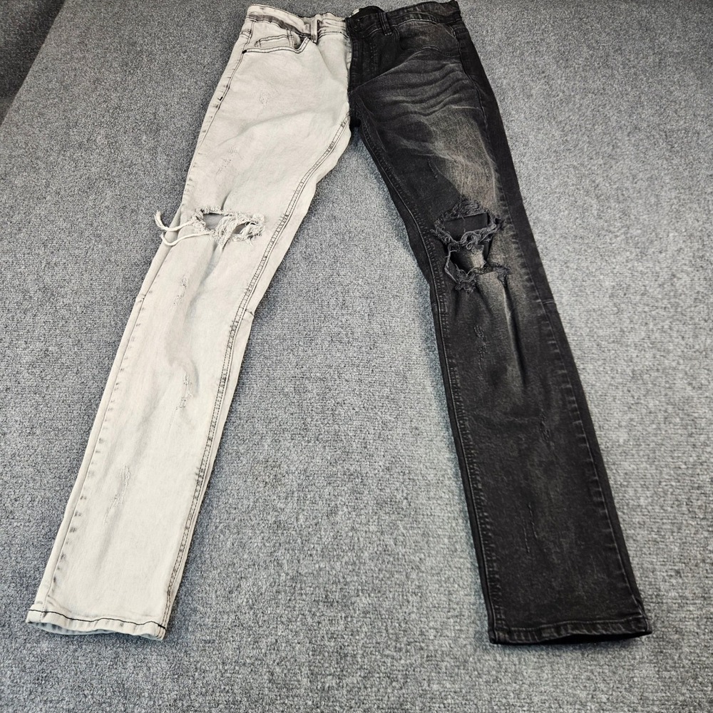 KDNK Mens Two Tone Distressed Jeans Black White Split Color Ripped Denim Size 32